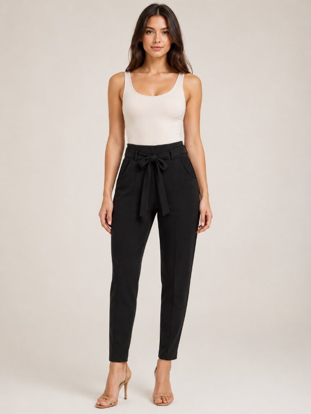 Indero Black Pull On Tapered Pants L XL Tie Waist Stretch